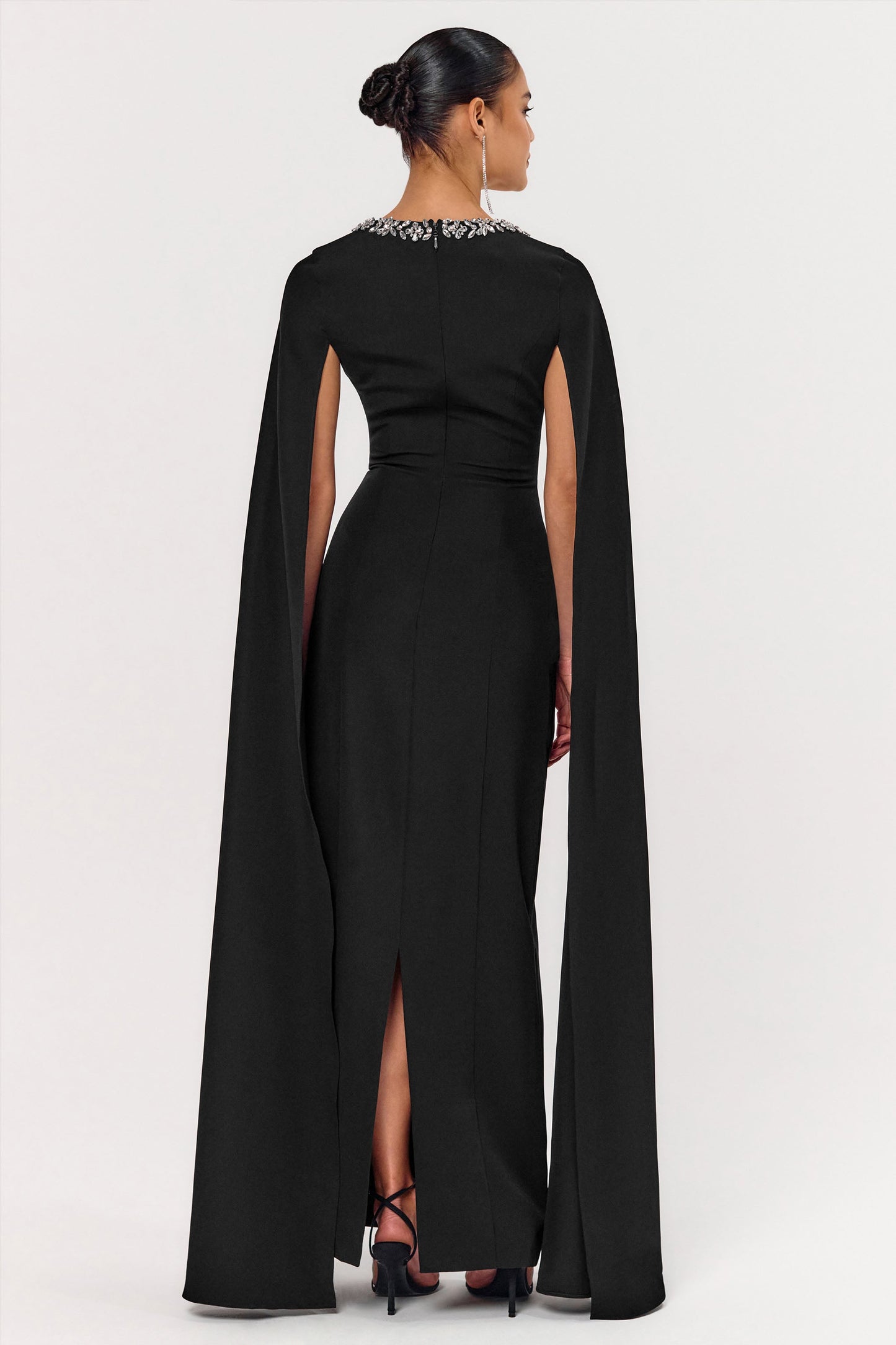 Glossy | Black Woven Square-Neck Maxi Dress With Cape Sleeves and Embellished Detail