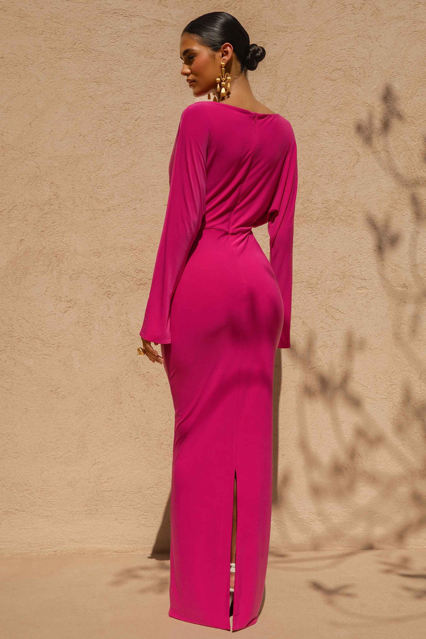 Regina | Hot Pink High-Neck Draped Wrap Maxi Dress