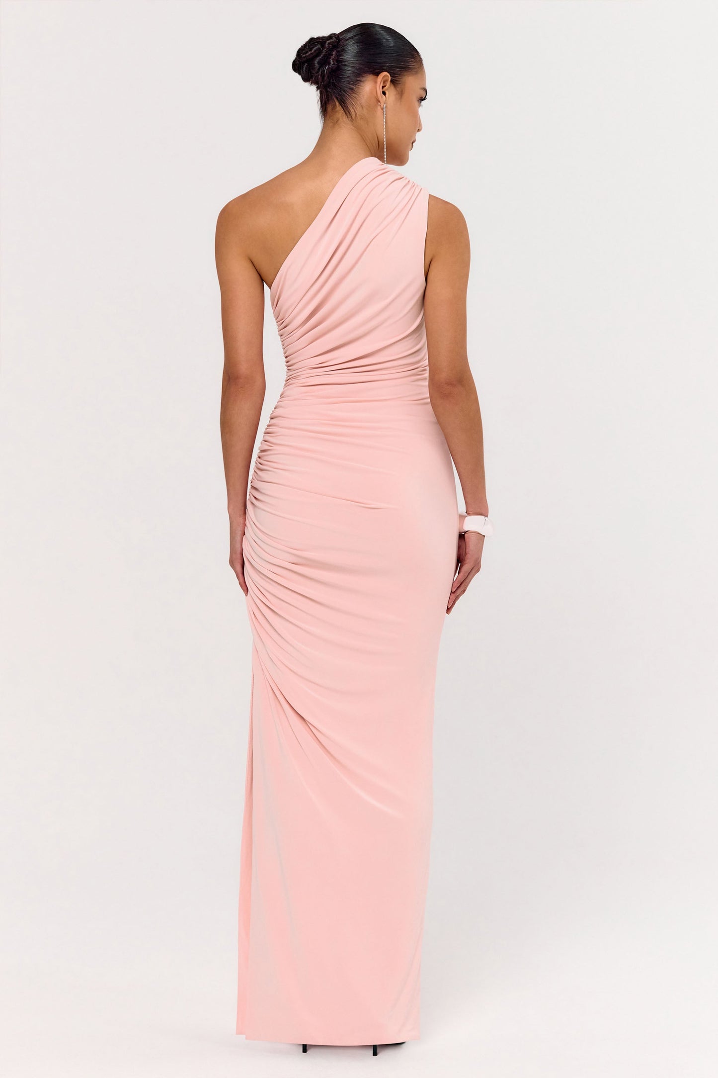 Daphne | Pink Asymmetric-Neck Maxi Dress With Ruched Detailing
