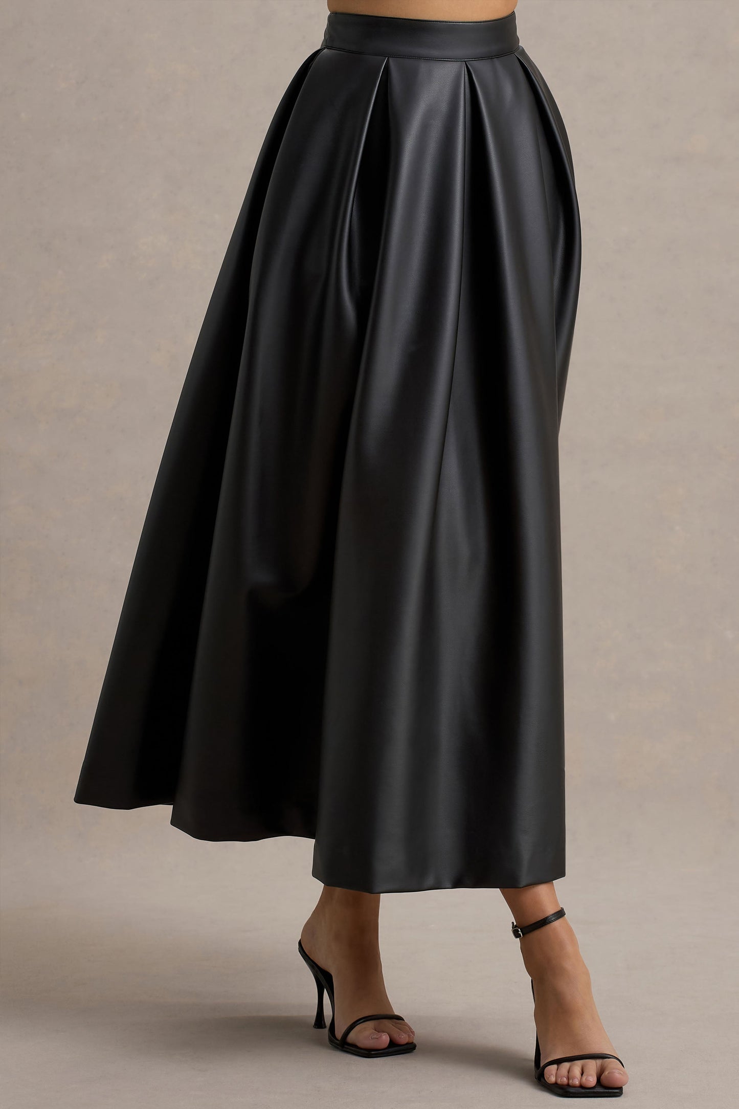 Noa | Black Faux Leather A-Line Midi Skirt