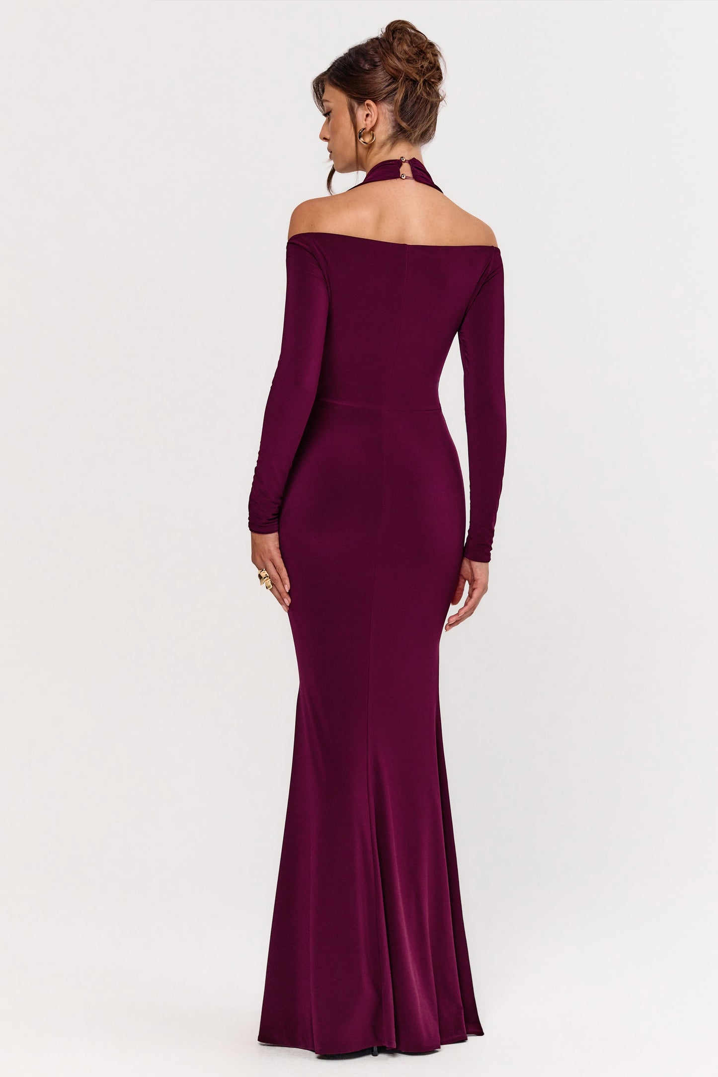 Living High | Burgundy Halter-Neck Maxi Dress With Long Sleeves
