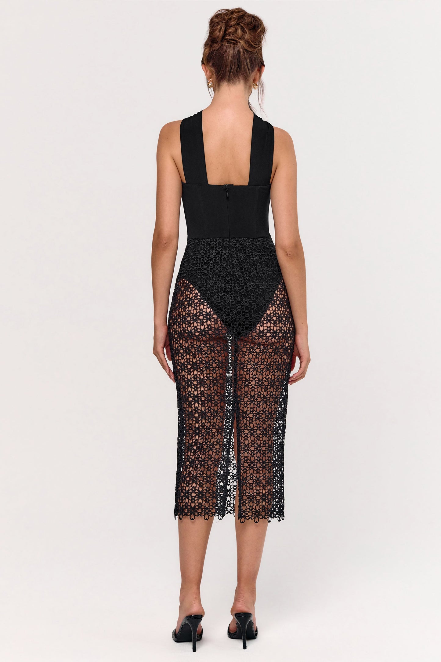 Tamala | Black High-Neck Midi Dress With Lace Skirt