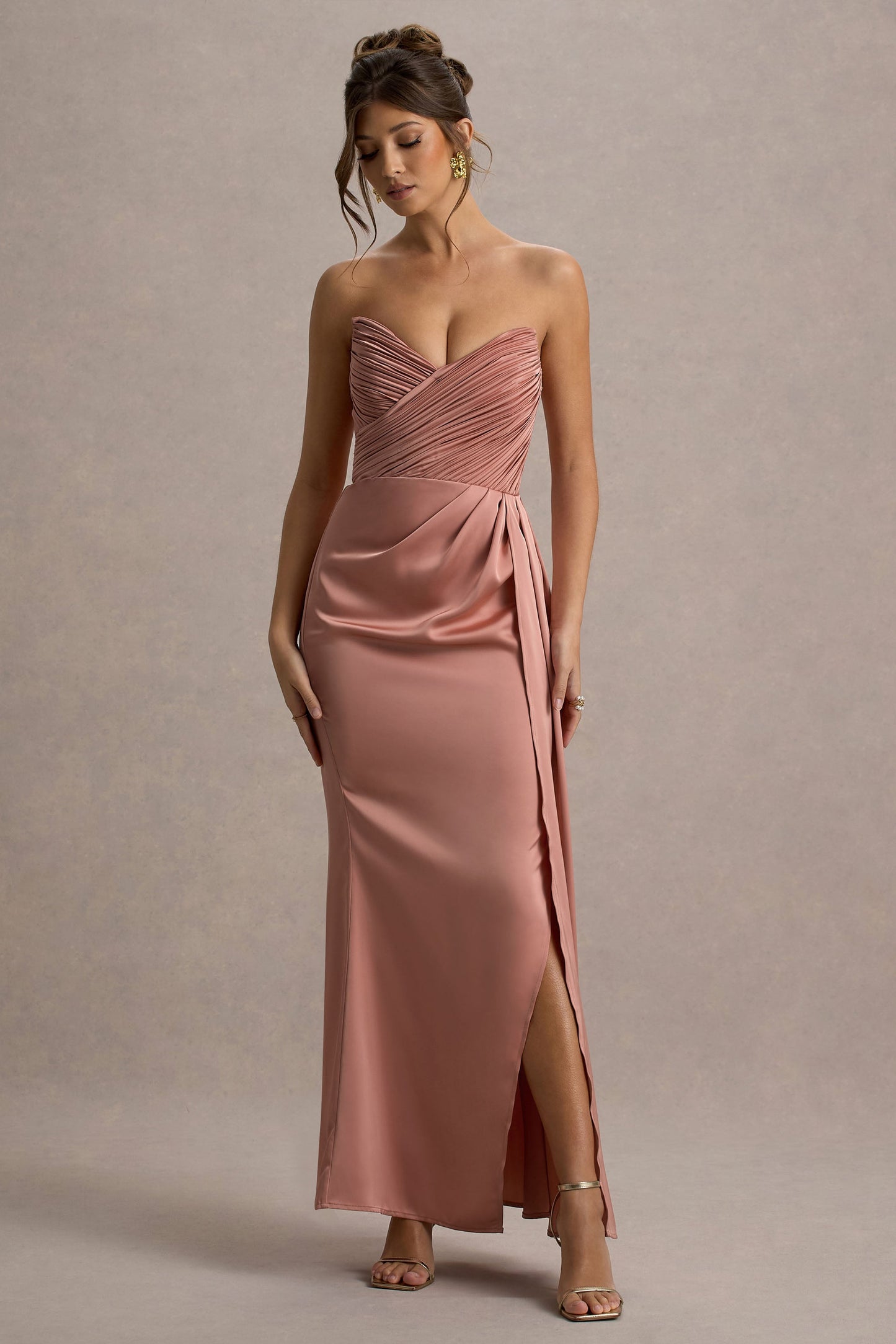 Edel | Pink Satin Strapless Maxi Dress With Drape