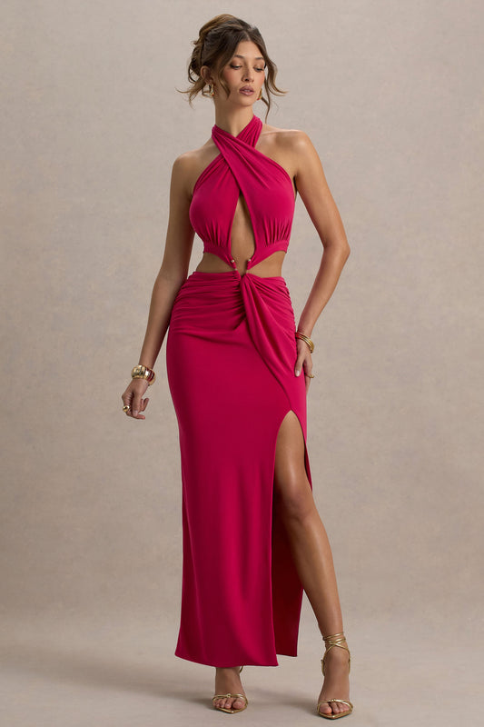 Aura | Hot Pink Halter-Neck Cut-Out Split Maxi Dress