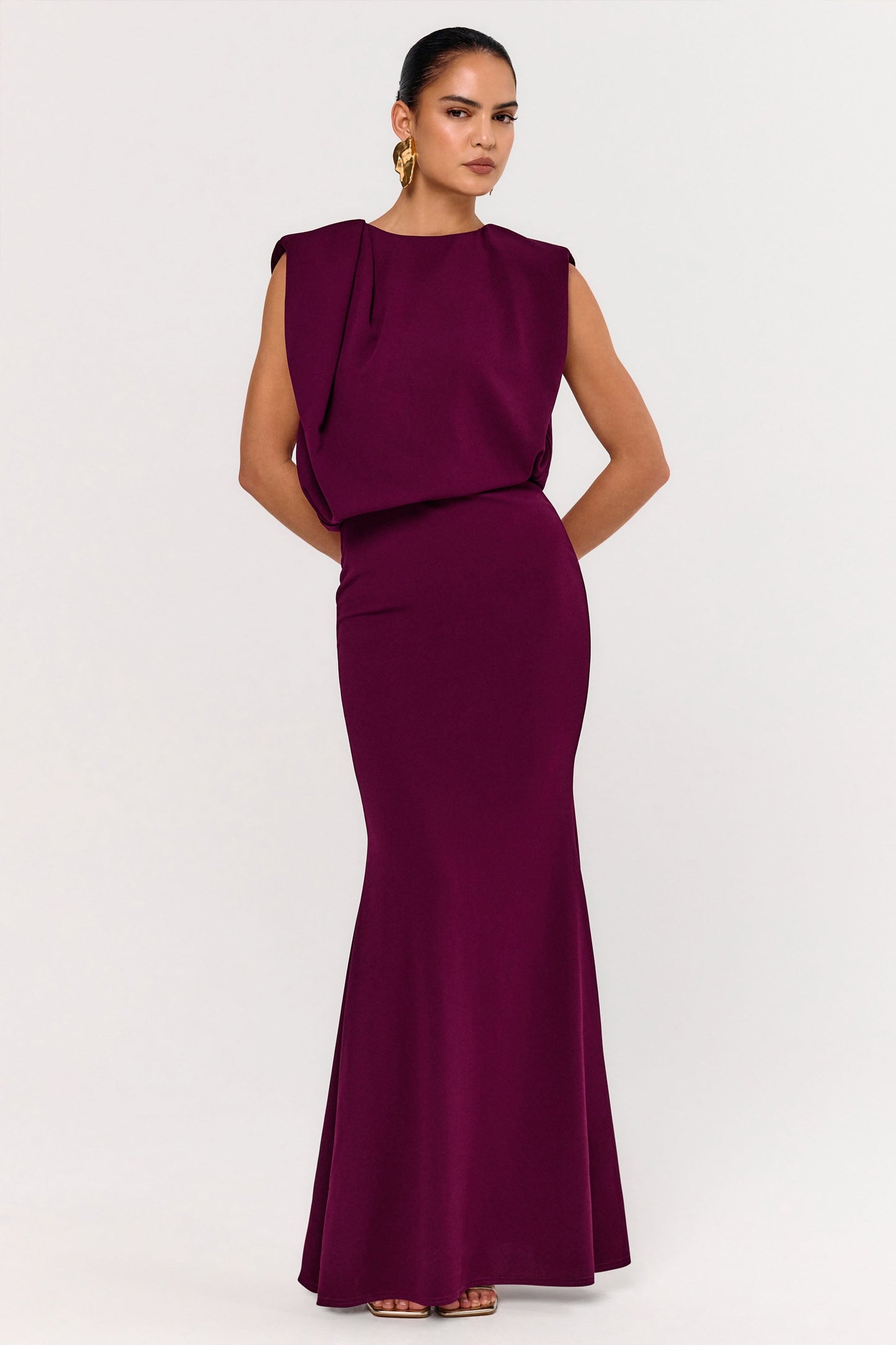 Meave | Burgundy High Neck Maxi Dress With Draping Detail