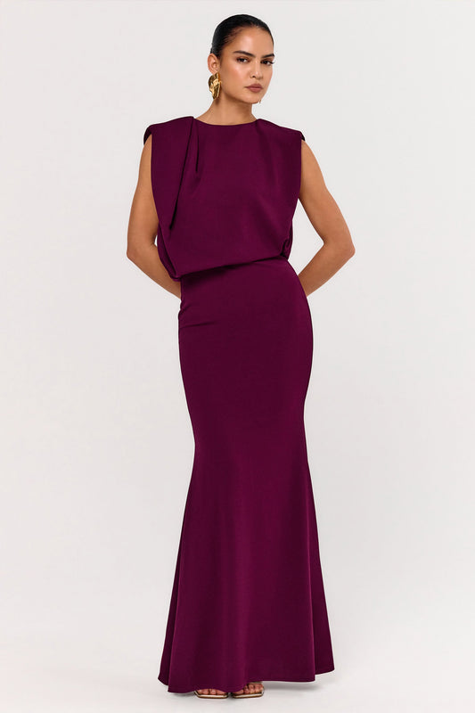 Meave | Burgundy High Neck Maxi Dress With Draping Detail