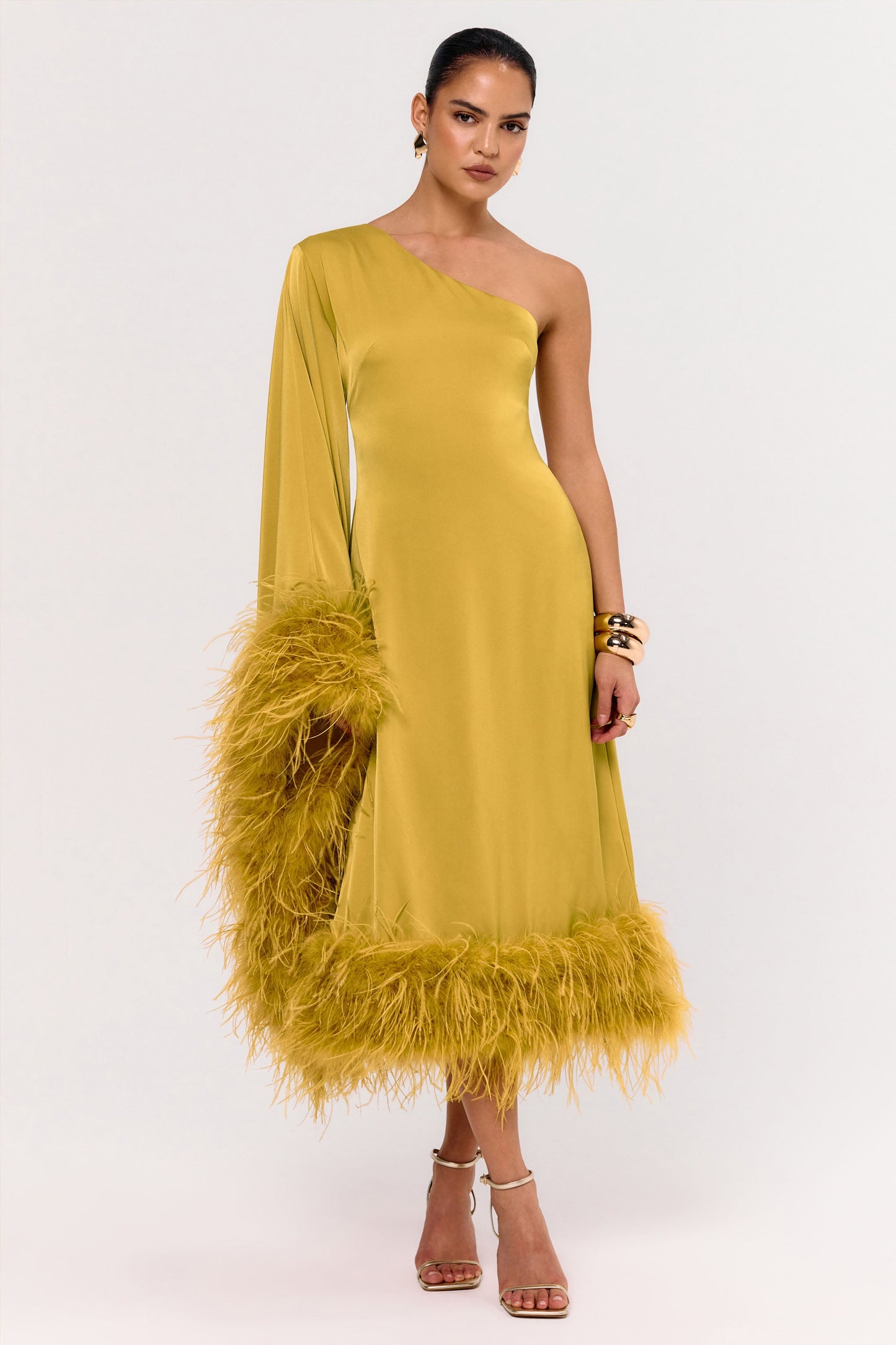 Destiny | Yellow Satin Asymmetric-Neck Midi Dress With Feather Details