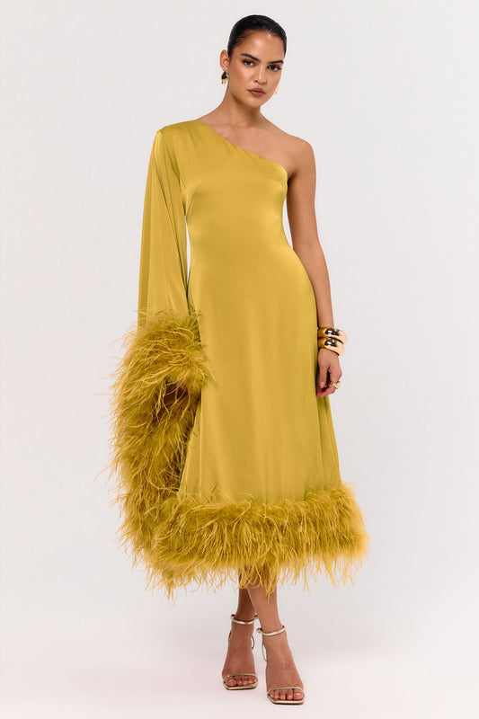 Destiny | Yellow Satin Asymmetric-Neck Midi Dress With Feather Details