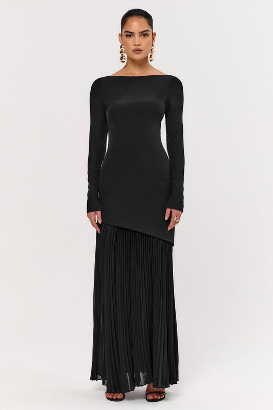 Yanira | Black Crepe And Georgette Crew-Neck Maxi Dress With Drop Waist