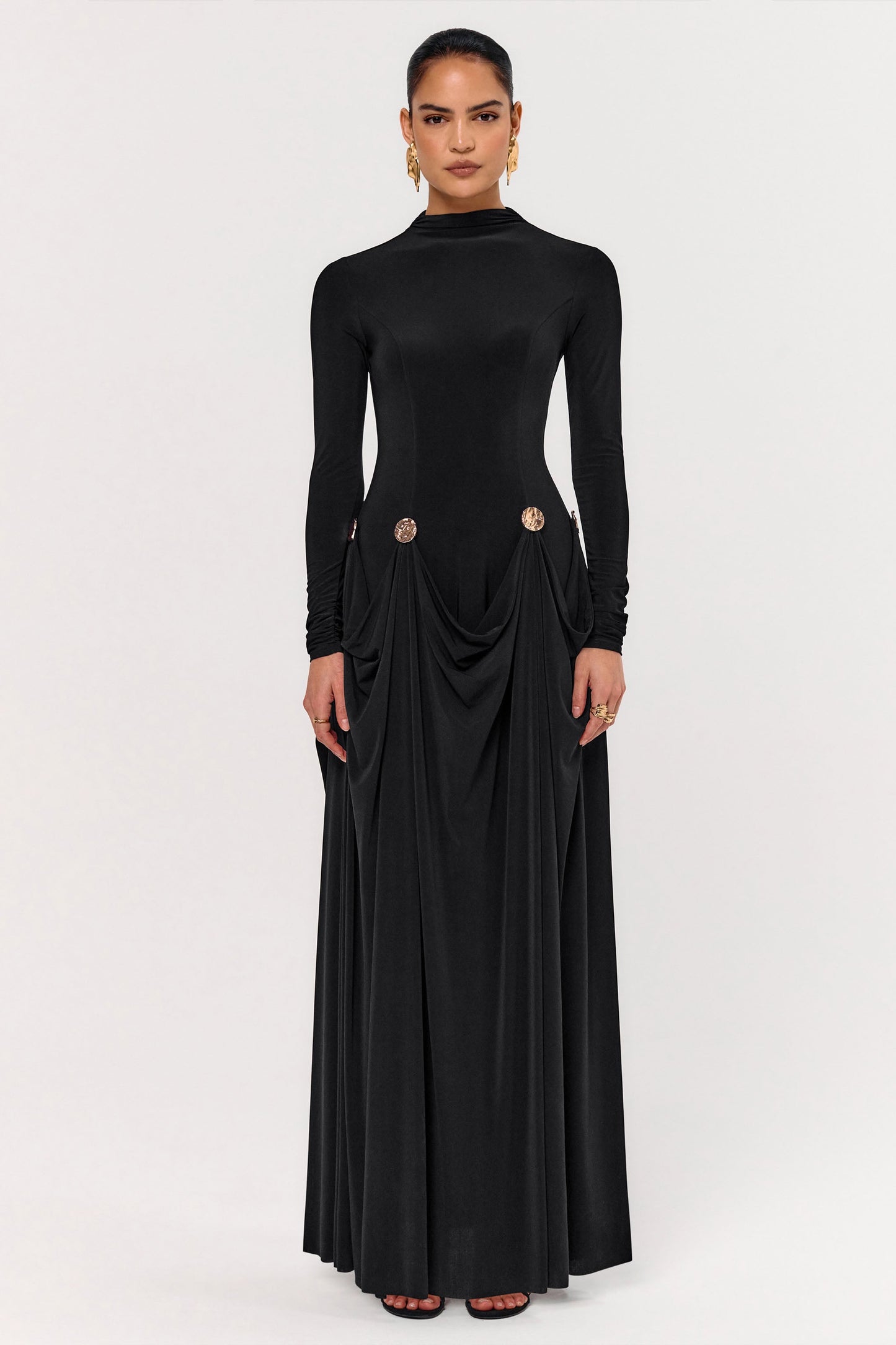 Caprice | Black High-Neck Maxi Dress With Embellished Details