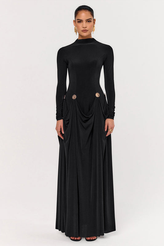 Caprice | Black High-Neck Maxi Dress With Embellished Details