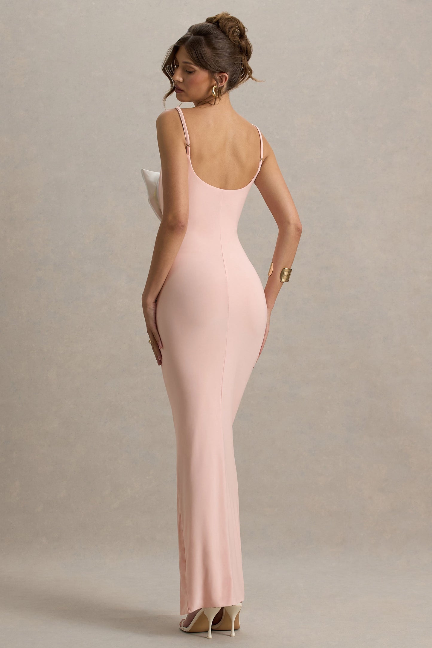 Emmalou | Pink & White Strappy Split Maxi Dress With Bow