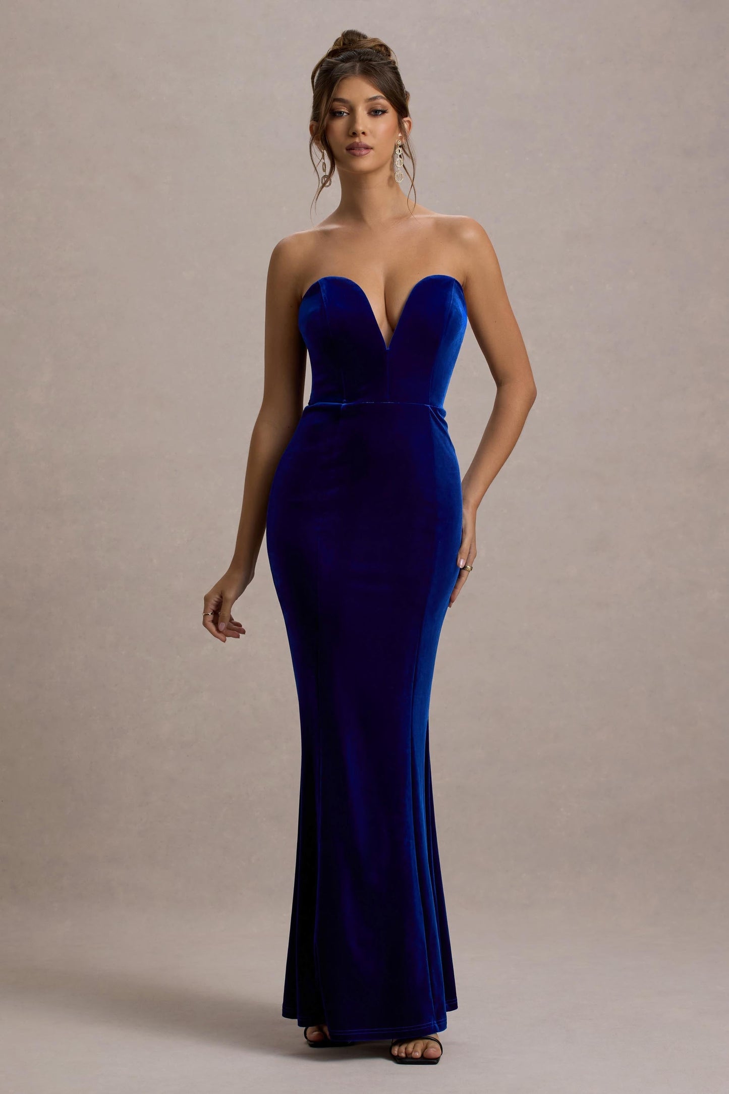 Pacifica | Cobalt Velvet Plunge-Neck Strapless Maxi Dress
