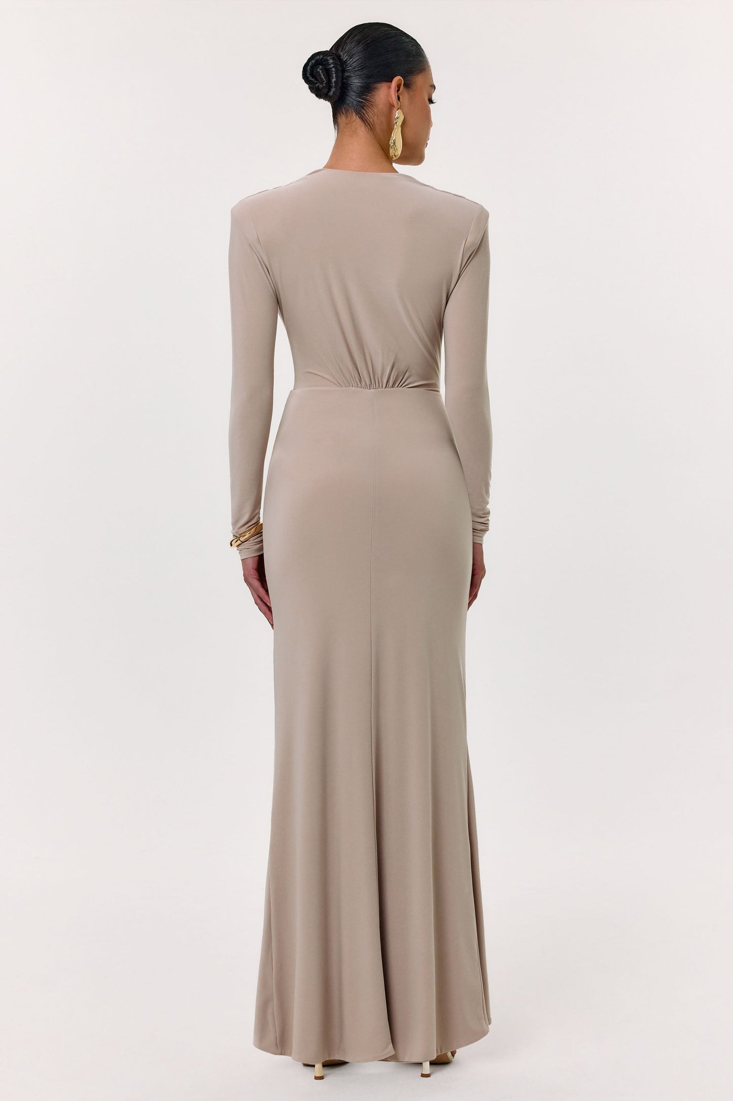 Flashy | Champagne Plunge-Neck Maxi Dress With Ruched Detailing