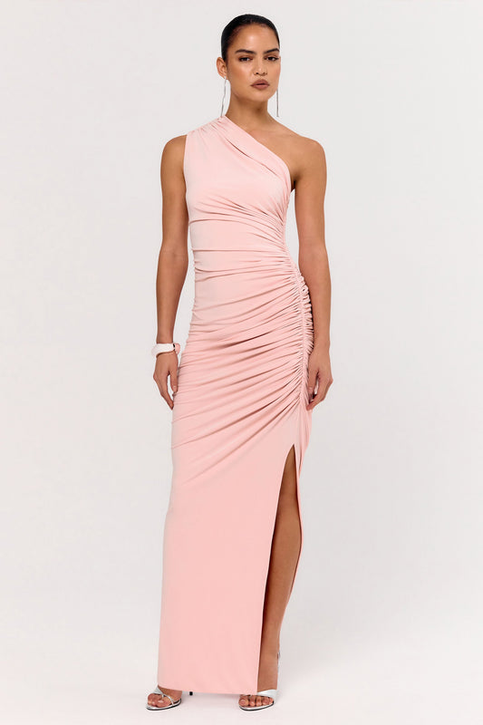 Daphne | Pink Asymmetric-Neck Maxi Dress With Ruched Detailing
