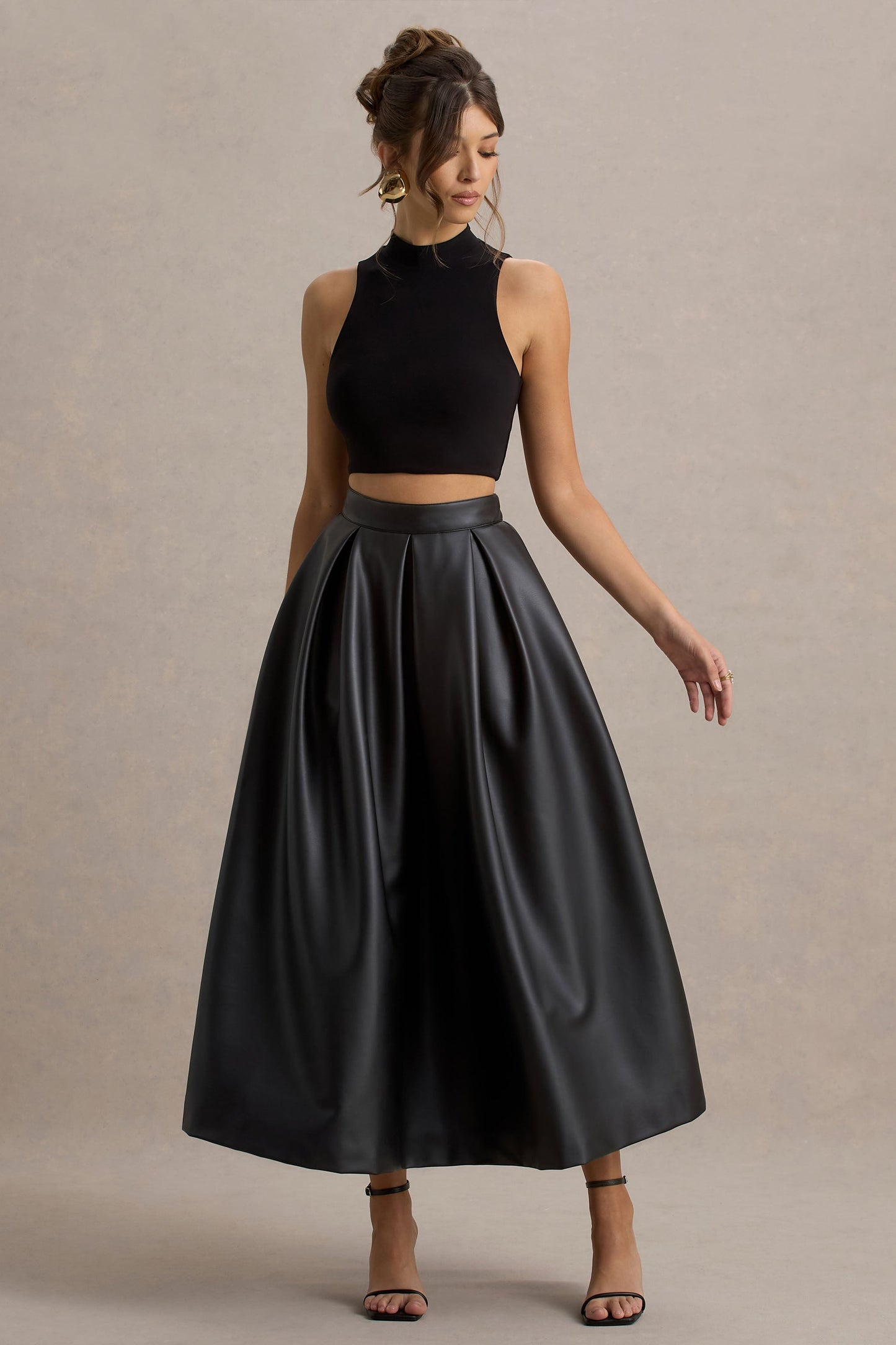 Noa | Black Faux Leather A-Line Midi Skirt